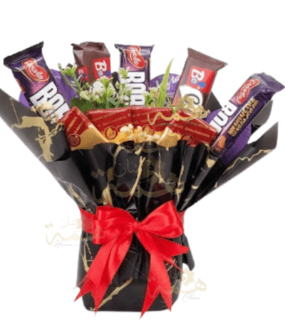 Bouquet de chocolats et biscuits Bimo avec emballage noir et or