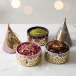 Coffret pour dattes de luxe gris anthracite avec motif Aïd Moubarak.