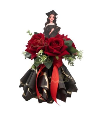 Bouquet de graduation fait main avec roses rouges et emballage noir et doré, idéal comme cadeau de fin d'études au Maroc.
